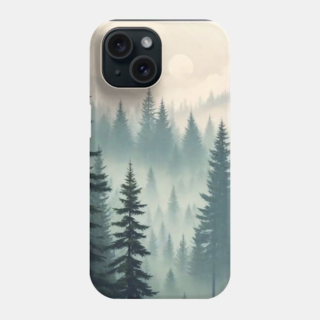 Misty forest in hipster vintage retro style Phone Case by Anik Arts