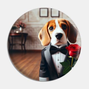 Beagle dog in formal tuxedo carrying red rose Pin