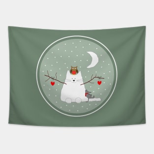 Snow cat with Mister Mouse and Lady Owl Tapestry