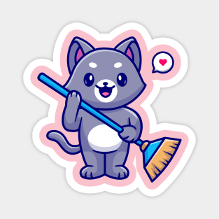 Cute Cat Holding Broom Cartoon Magnet