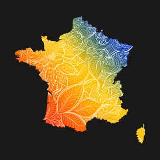 Colorful mandala art map of France with text in blue, yellow, and red T-Shirt