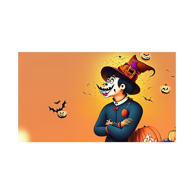 Cartoon man in witch hat surrounded by pumpkins by Tee Trendz