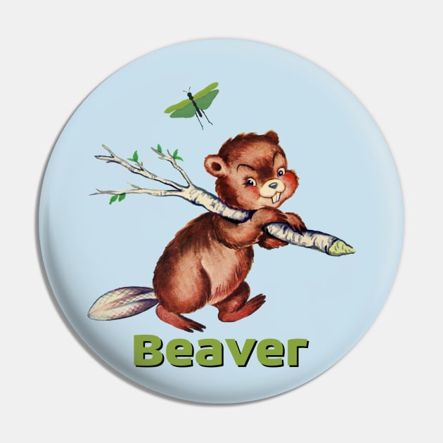 Smiling little beaver carrying a branch Pin by LittleBean