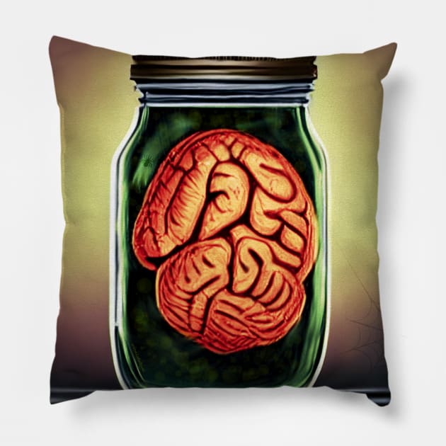 Vintage PIckled Brain in Jar for Halloween Pillow by OrionLodubyal