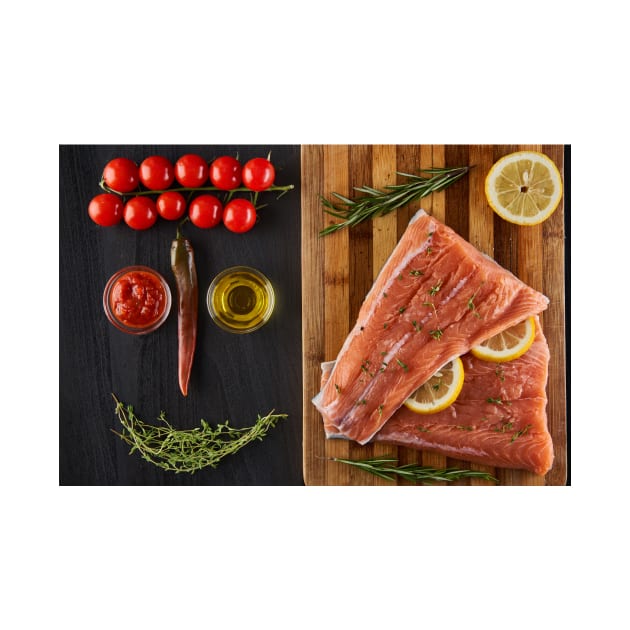 Raw salmon fillets on a wooden board by naturalis