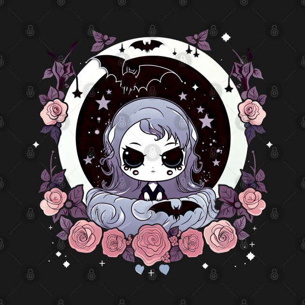 Gothic Portrait of Kawaii Vampire Girl with flowers and bats by The-Dark-King