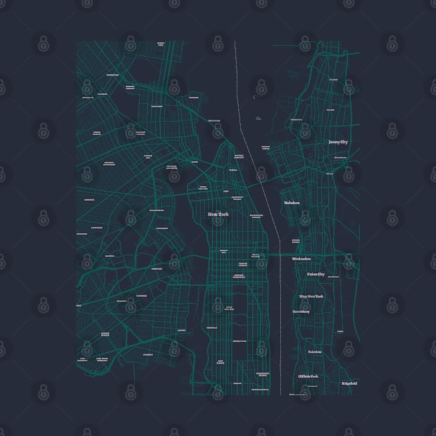 4K New York City Map | HD NYC Map | Dark Green And Dark Blue Map Of New York City by benayache