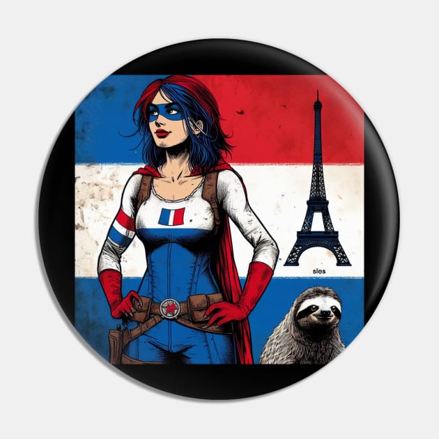 Francais: Female Gritty 80's Comic Book Hero with Sloth Pin by Woodpile