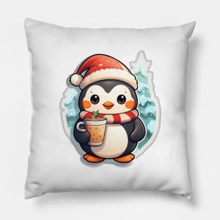 kawaii Penguin Christmas holds a drink in his hand Pillow