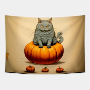 Japanese Cat on a Halloween Pumpkin During the Halloween Season on a Dark Background Tapestry