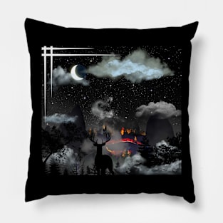 Starry Night Guardian - A Deer's and Fiery Landscape Pillow