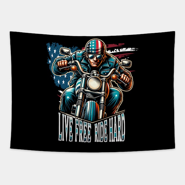 Live Free Ride Hard Biker Tapestry by Odetee