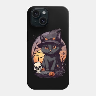 Halloween and cat, cute black cats with witch and cool hat for Halloween season, watercolor style Phone Case