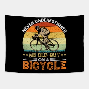 Never Underestimate An Old Guy On A Bicycle Funny Cycling Tapestry