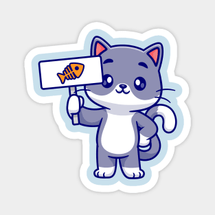 Cute Cat Holding Fish Board Cartoon Magnet