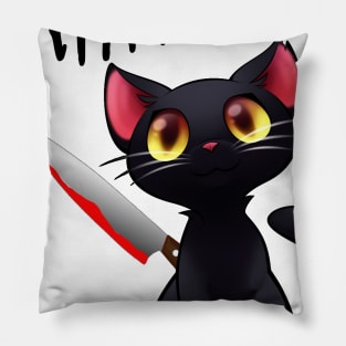 cut black cat with bloody knife Pillow