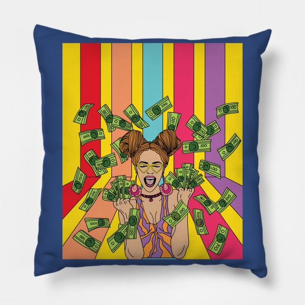 Retro woman throws money around Pillow by flofin