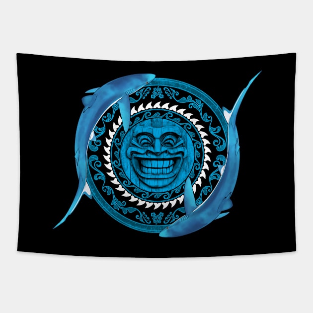 Blue shark tiki Tapestry by NicGrayTees