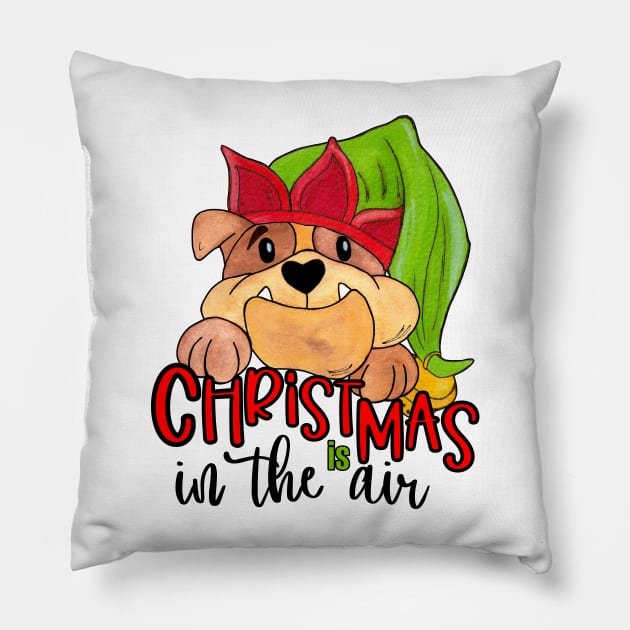 Bulldog in Elf Hat Pillow by Designs by Ira