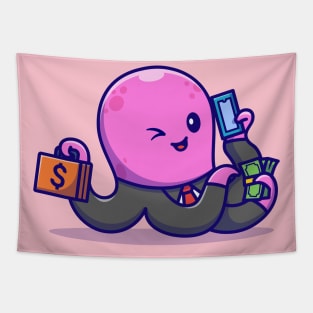 Cute Octopus Busy Employee Cartoon Tapestry