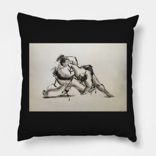 Sumo #6 - Sumo wrestlers ink wash painting on paper; Pillow