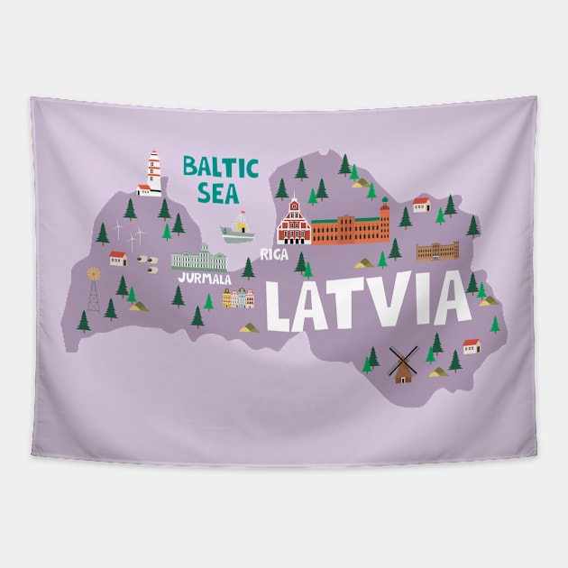 Latvia Illustrated Map Tapestry by JunkyDotCom