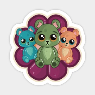 Three Cute Bears on a Flower Magnet