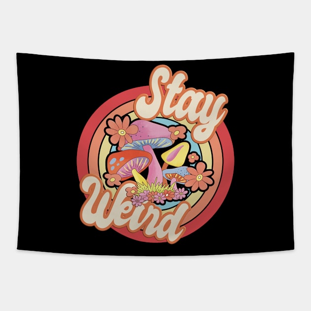 Stay Weird Retro Rainbow Mushrooms Tapestry by RuftupDesigns