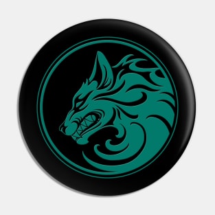 Growling Teal Blue and Black Wolf Circle Pin