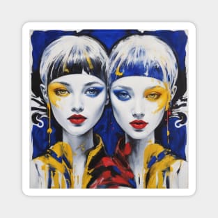 Abstract Girls Colorful Twin Portrait Blue and Red Magnet