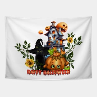 Happy halloween wish you the cute pumpkin and the black cat Tapestry