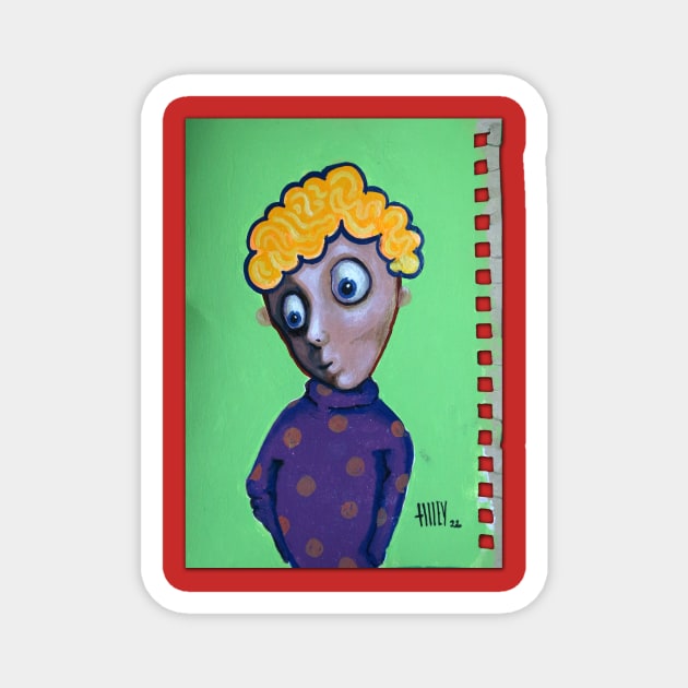 Little Flower Boy Alone in the Woods Looking for Friend | Bad Hero Portrait Lowbrow Pop Surreal Art | Cartoon Star | Mini Masterpieces | Original Oil Painting By Tyler Tilley Magnet by Tiger Picasso