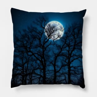 Glowing Moon, Bare Winter Trees, Star-filled Sky Pillow