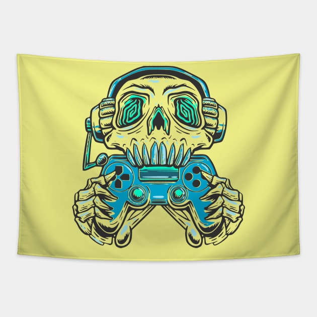 A skull gamer holding a light blue joystick controller and wearing headphone. Tapestry by Semenov