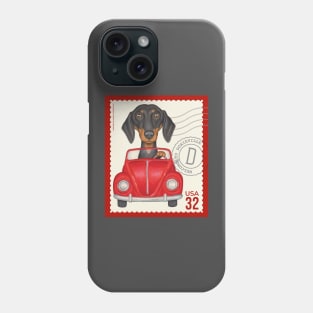 Cute Doxie driving classic red car on vintage stamp Phone Case