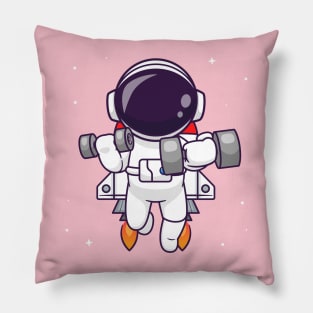 Cute Astronaut Lifting Dumbbell With Rocket Cartoon Pillow