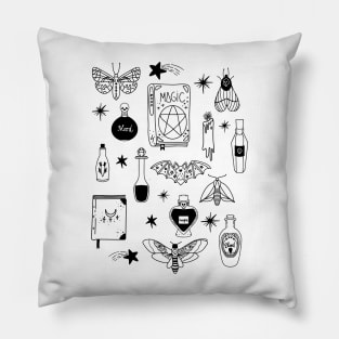 Black Magic Witchy Halloween Doodles - Potions and Things Pillow