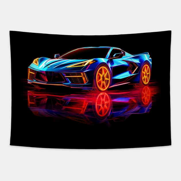 Rapid Blue C8 Corvette racecar with reflection Supercar Sports car Racing car Elkhart Lake Blue Rip Tide Blue Tapestry by Tees 4 Thee