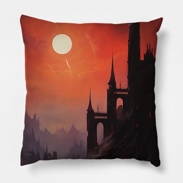 red moon in haunted village Pillow by Maverick Media