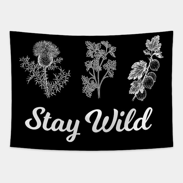 Stay Wild - Wild Plants Black Tapestry by HappyGiftArt