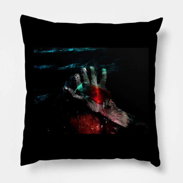 Digital collage, special processing. Hand laying on some wet surface. Psychedelic. Liquid in hand. Blue, red and orange. Pillow by 234TeeUser234