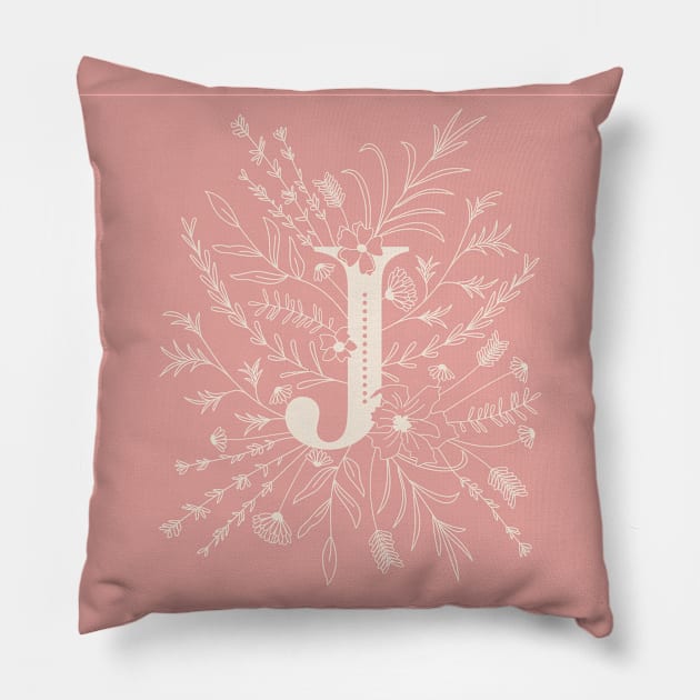 Botanical Letter J (Hibiscus Pink) Pillow by Cascade Patterns