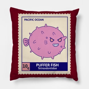 Kawaii Cute Menacing Pufferfish, Ocean Stamp Collection, Pufferfish Lover Pillow