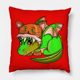 Cute Green Baby Dragon Wearing a Cat Hat Pillow