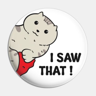 Illustration of a gray cat with the words "I Saw That" Pin