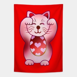 Two paws up pink hearts maneki neko lucky cat Tapestry