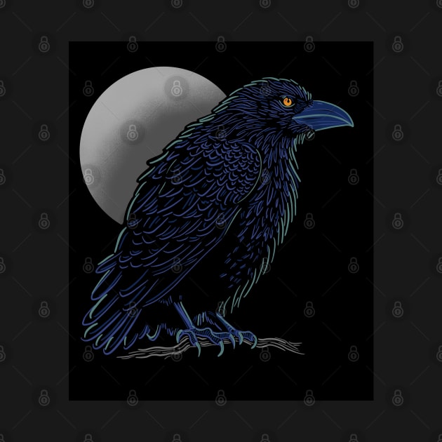 Crow design in blue and light green colors with full moon by DaveDanchuk