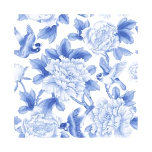 Blue and white Peony flowers and birds pattern T-Shirt