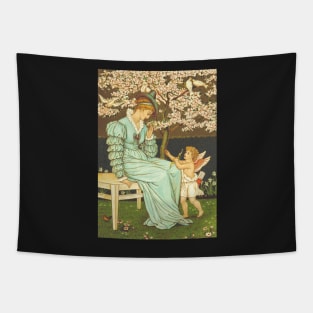 LOVE inspired: A Woman and an Angel by A Blossom Tree, Vintage Painting Tapestry