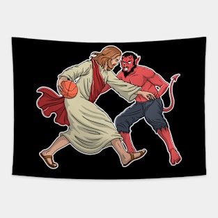 Jesus Vs Satan Basketball Funny Basketball Gift Tapestry